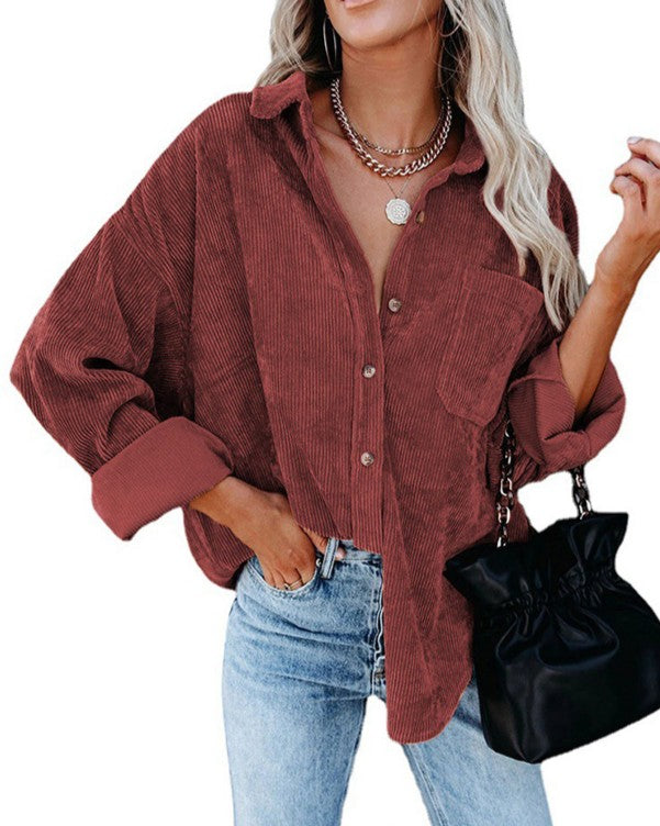 Drop Shoulder Corduroy Shirt With Chest Pockets - Wine_Red