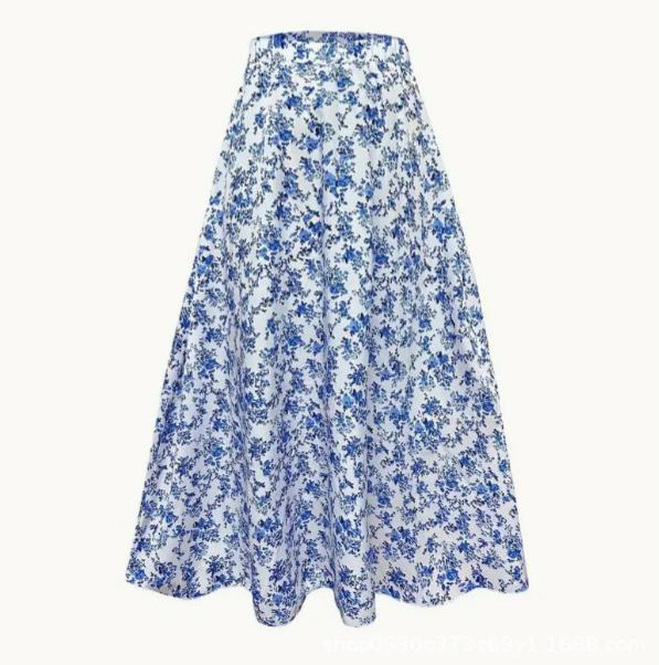 Ditsy Floral Elastic Waist Boho Maxi Skirt - Blue