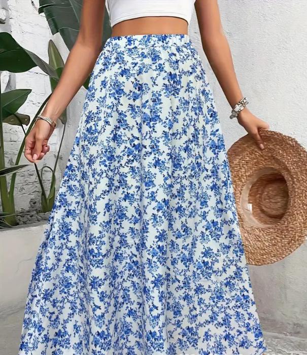 Ditsy Floral Elastic Waist Boho Maxi Skirt - Blue - 2