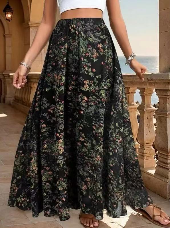 Ditsy Floral Elastic Waist Boho Maxi Skirt - Green