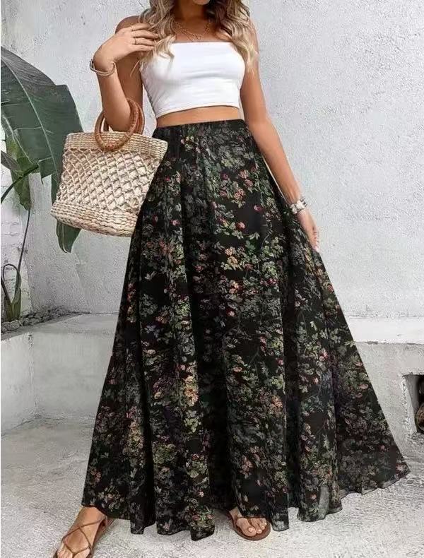Ditsy Floral Elastic Waist Boho Maxi Skirt - Green - 1