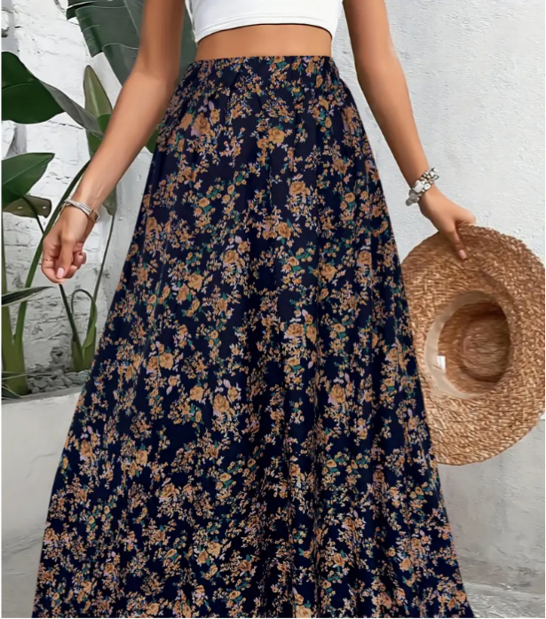 Ditsy Floral Elastic Waist Boho Maxi Skirt - NavyBlue