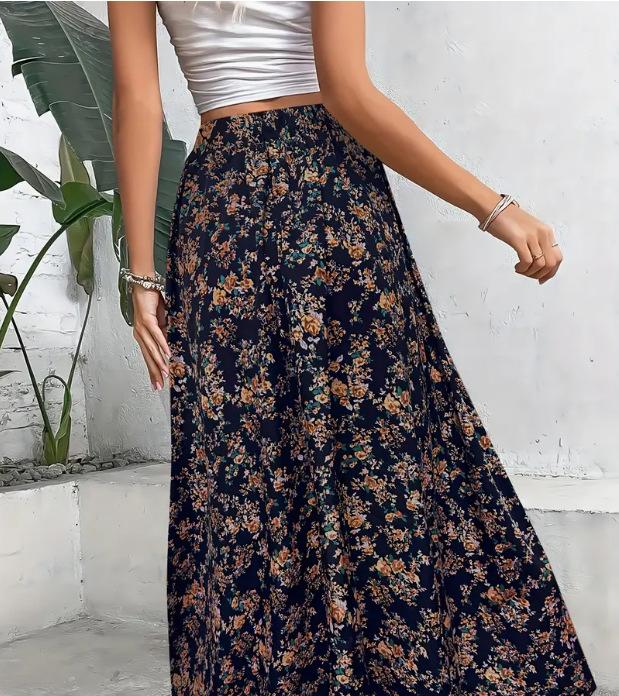 Ditsy Floral Elastic Waist Boho Maxi Skirt - NavyBlue - 3