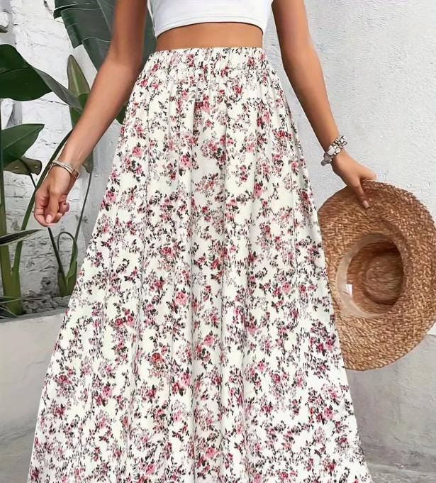 Ditsy Floral Elastic Waist Boho Maxi Skirt - Offwhite - 1