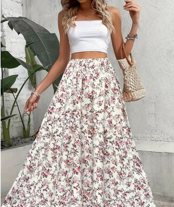 Ditsy Floral Elastic Waist Boho Maxi Skirt - Offwhite - 3