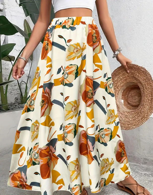 Ditsy Floral Elastic Waist Boho Maxi Skirt - Yellow