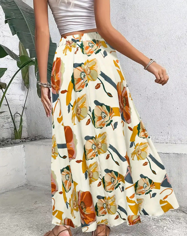 Ditsy Floral Elastic Waist Boho Maxi Skirt - Yellow - 2