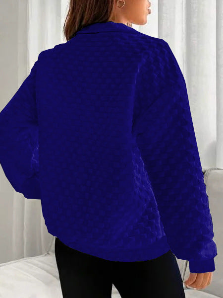 Quilted Texture Half Zip Pullover Sweatshirt - Blue - 1