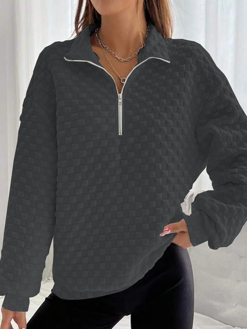 Quilted Texture Half Zip Pullover Sweatshirt - Grey