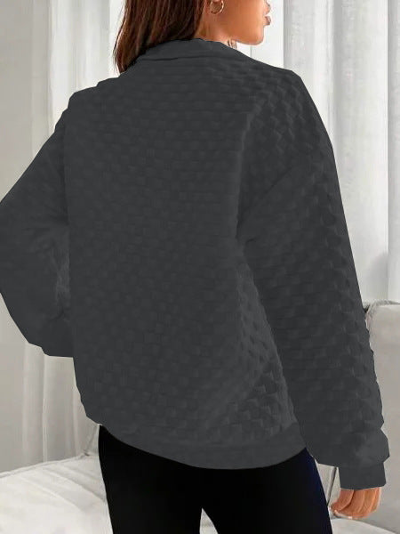 Quilted Texture Half Zip Pullover Sweatshirt - Grey - 1