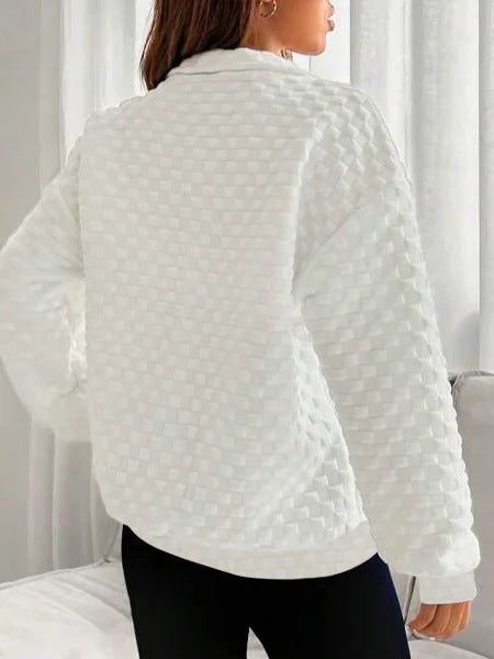 Quilted Texture Half Zip Pullover Sweatshirt - White