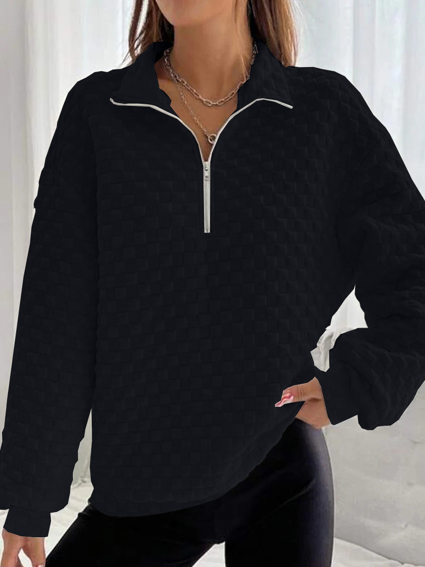 Quilted Texture Half Zip Pullover Sweatshirt -  Black