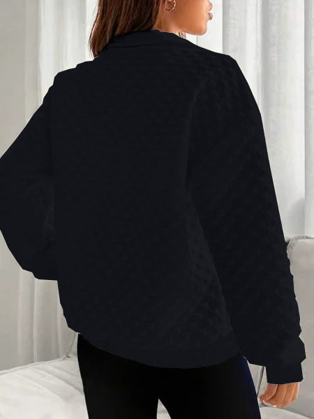 Quilted Texture Half Zip Pullover Sweatshirt -  Black - 1