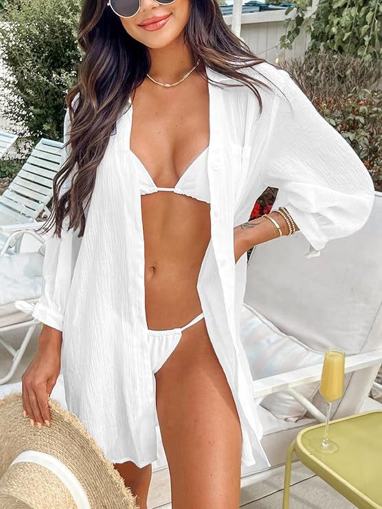 Tie Cuff Oversized Beach Shirt Cover Up - White