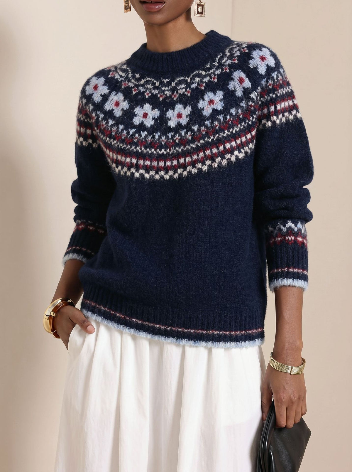 Snowflake Fair Isle Yoke Knit Sweater - Navyblue