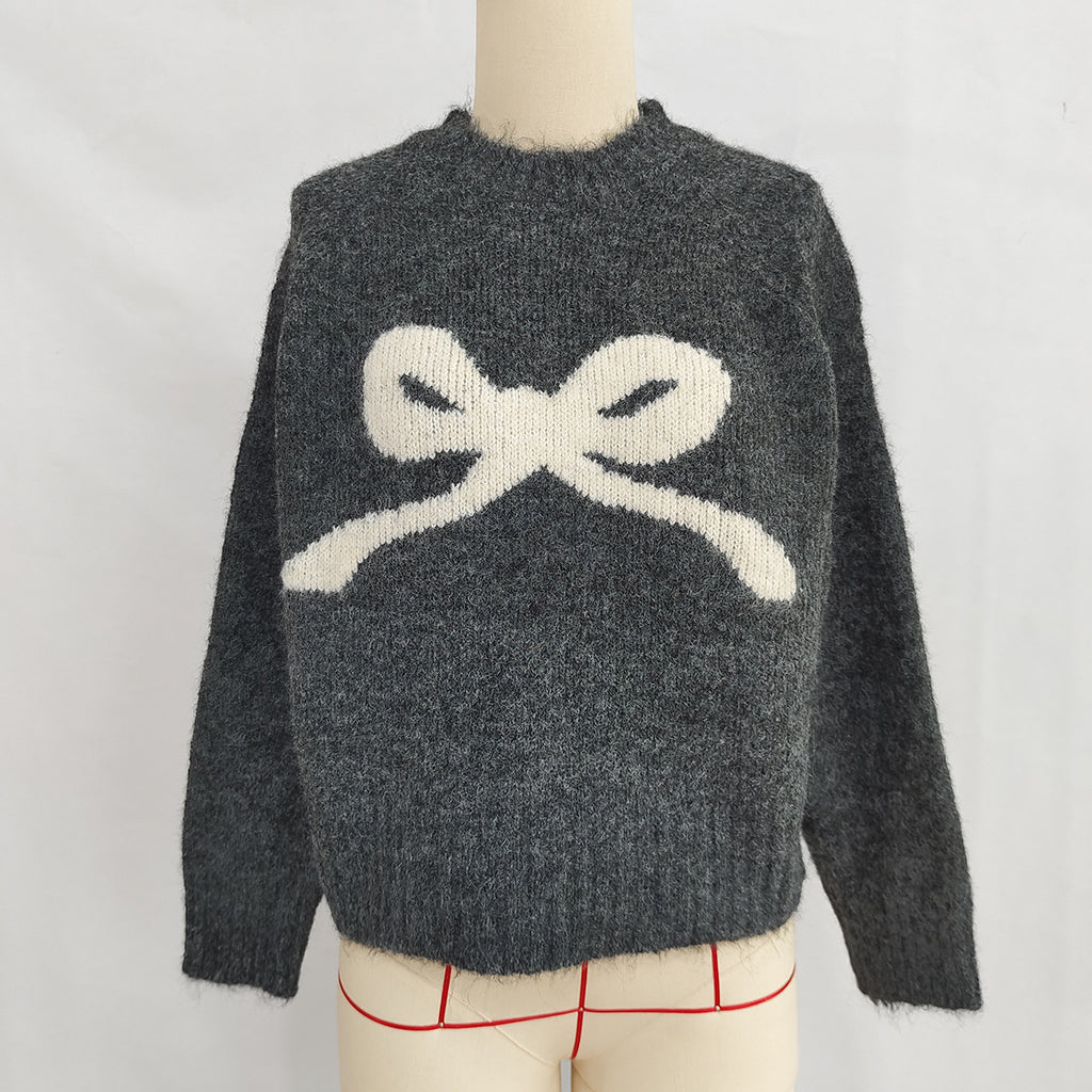 Bow Motif Slouchy Marled Knit Sweater - Darkgrey