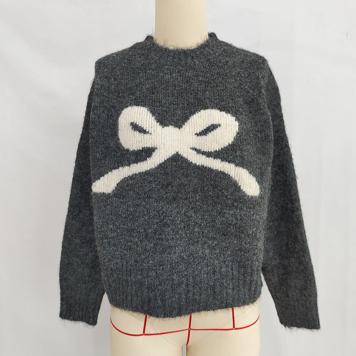 Bow Motif Slouchy Marled Knit Sweater - Darkgrey