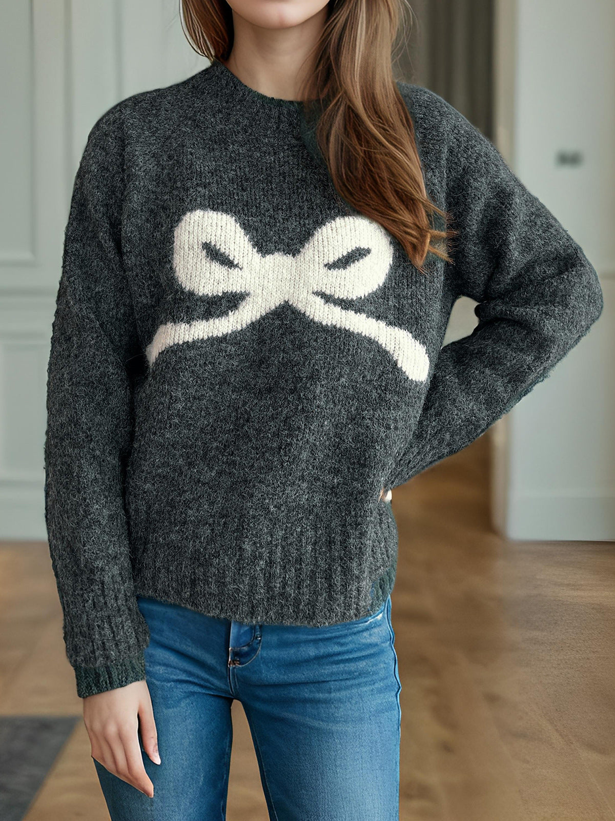 Bow Motif Slouchy Marled Knit Sweater - Darkgrey - 1