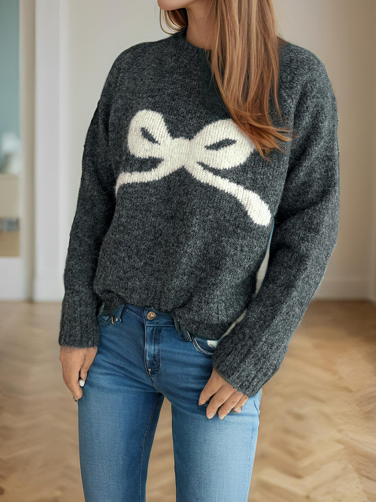 Bow Motif Slouchy Marled Knit Sweater - Darkgrey - 2