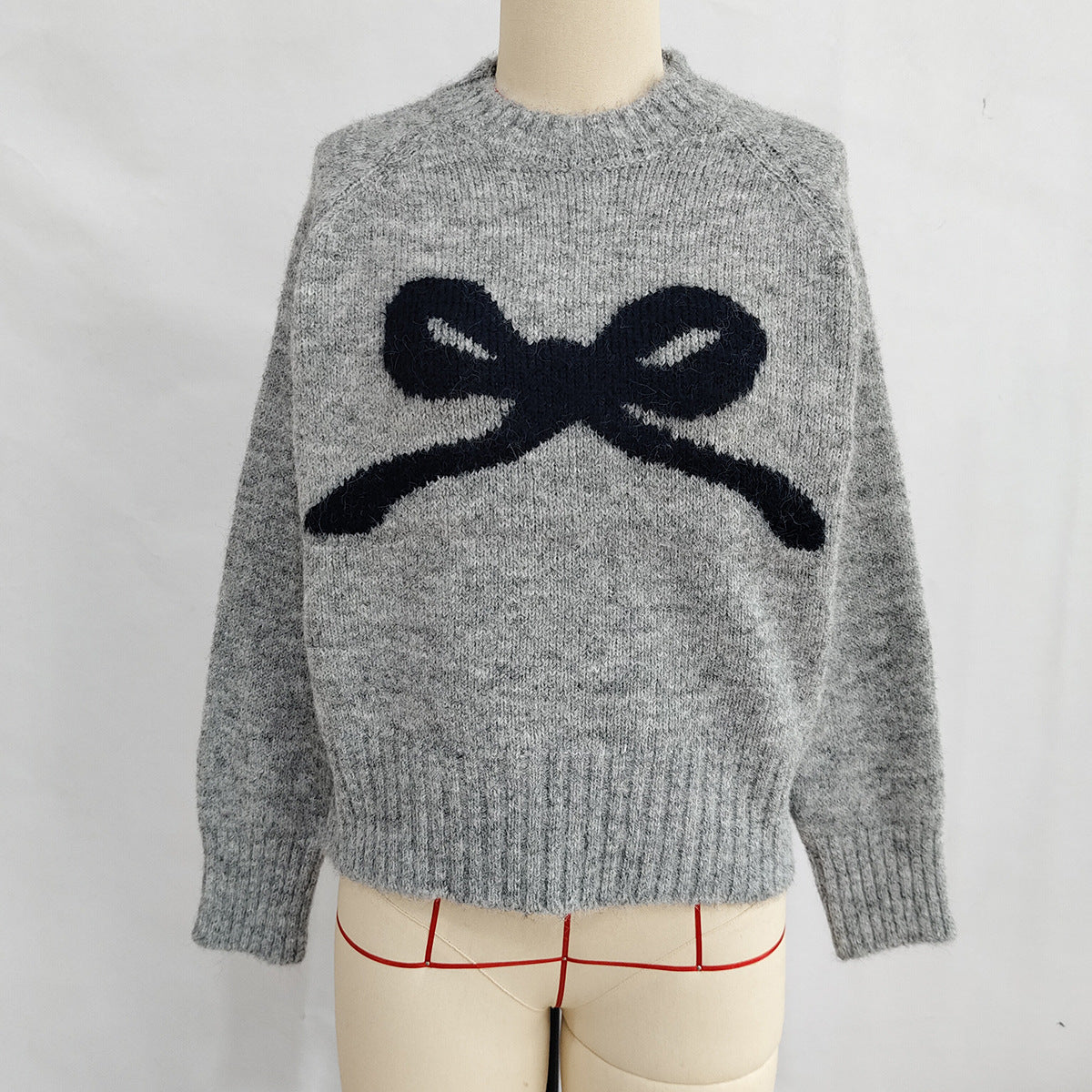 Bow Motif Slouchy Marled Knit Sweater - Grey
