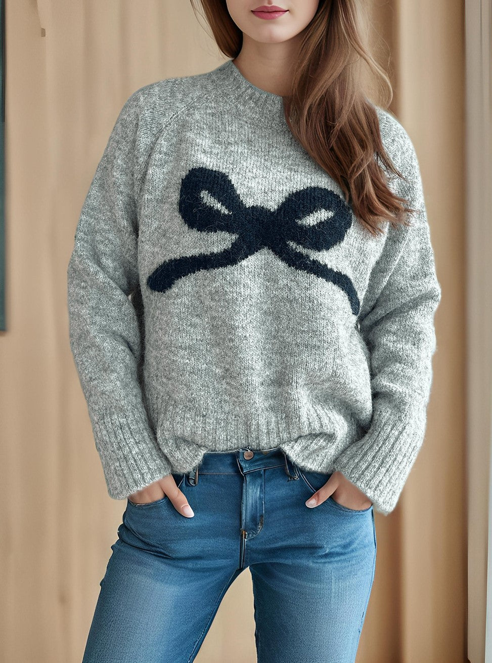 Bow Motif Slouchy Marled Knit Sweater - Grey - 1