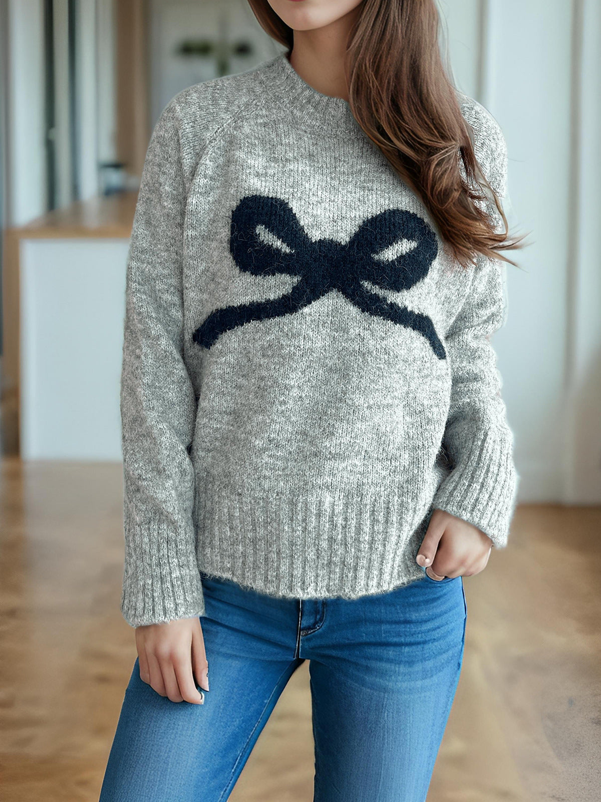 Bow Motif Slouchy Marled Knit Sweater - Grey - 2