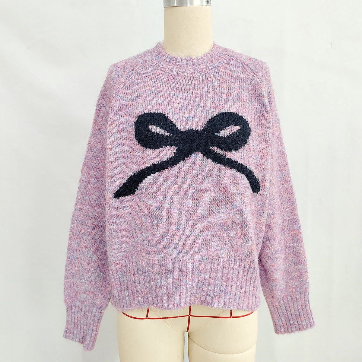 Bow Motif Slouchy Marled Knit Sweater - Purple
