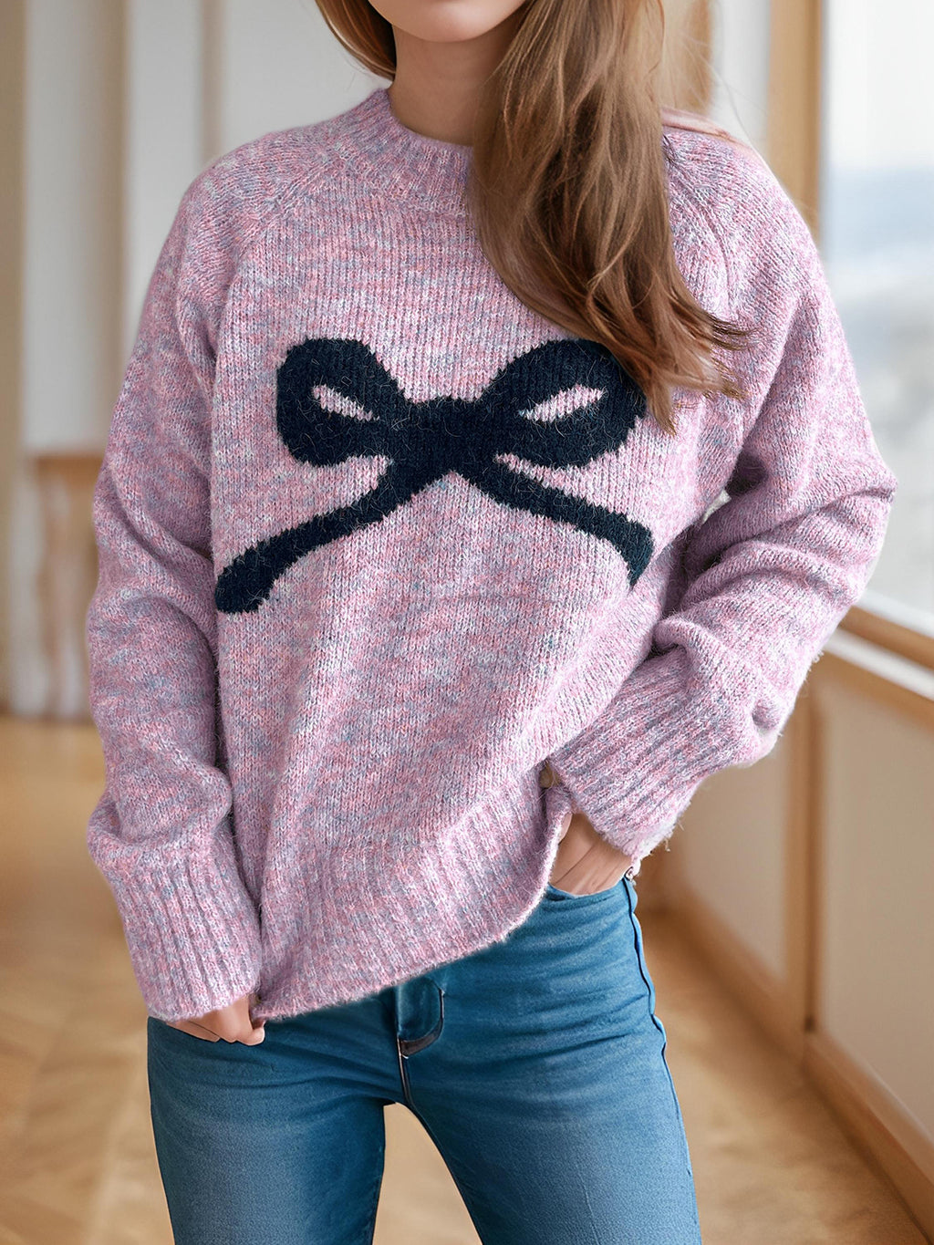 Bow Motif Slouchy Marled Knit Sweater - Purple - 2