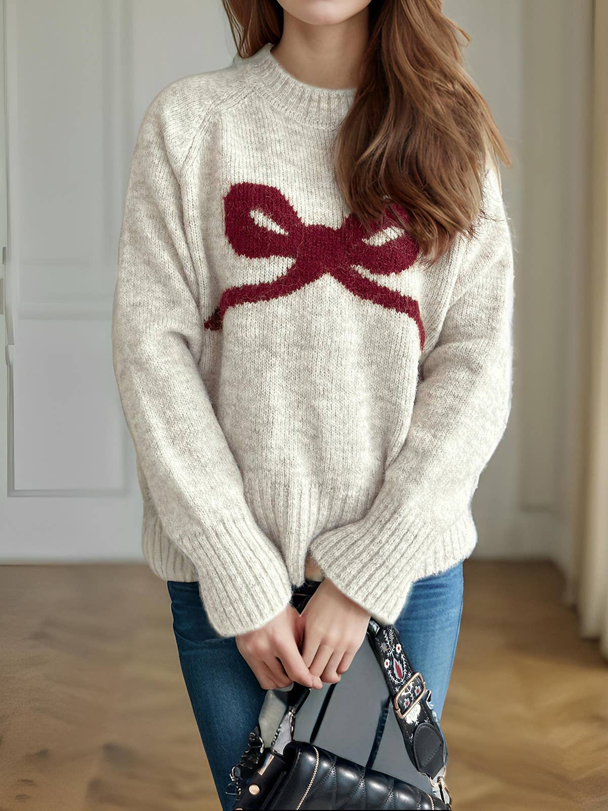Bow Motif Slouchy Marled Knit Sweater