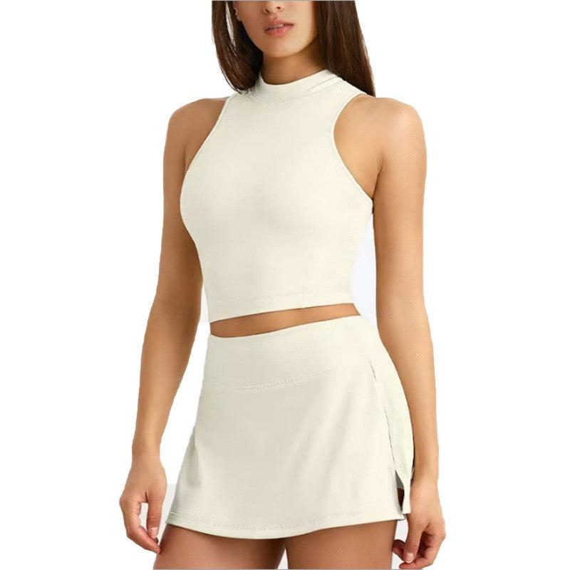 High Neck Crop Tank and Slit Tennis Skirt Set - Ivory