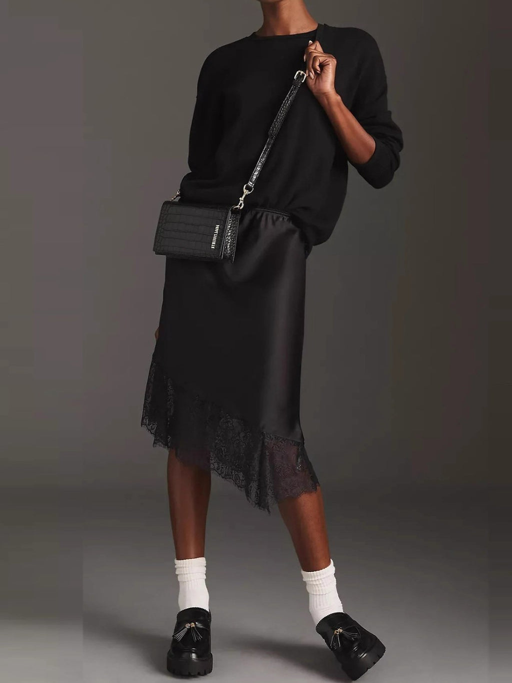 Satin Lace Hem Asymmetric Midi Skirt - Black - 1