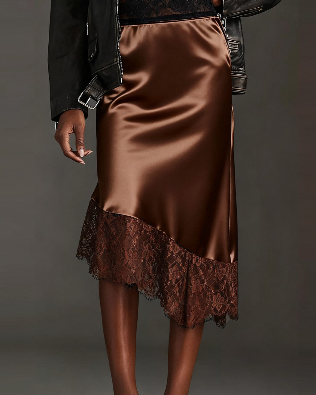 Satin Lace Hem Asymmetric Midi Skirt - Brown