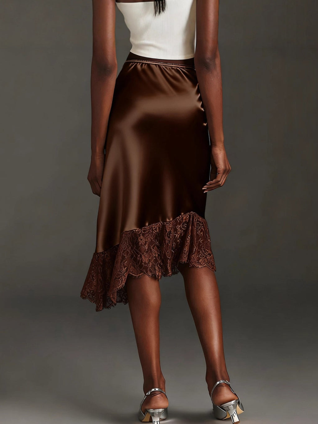Satin Lace Hem Asymmetric Midi Skirt - Brown - 1