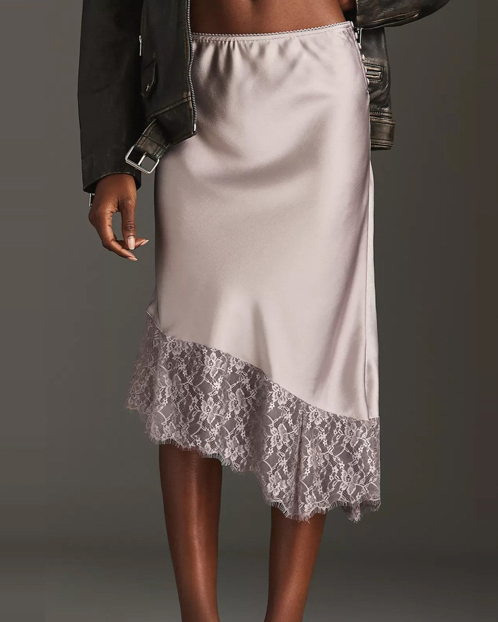 Satin Lace Hem Asymmetric Midi Skirt - White