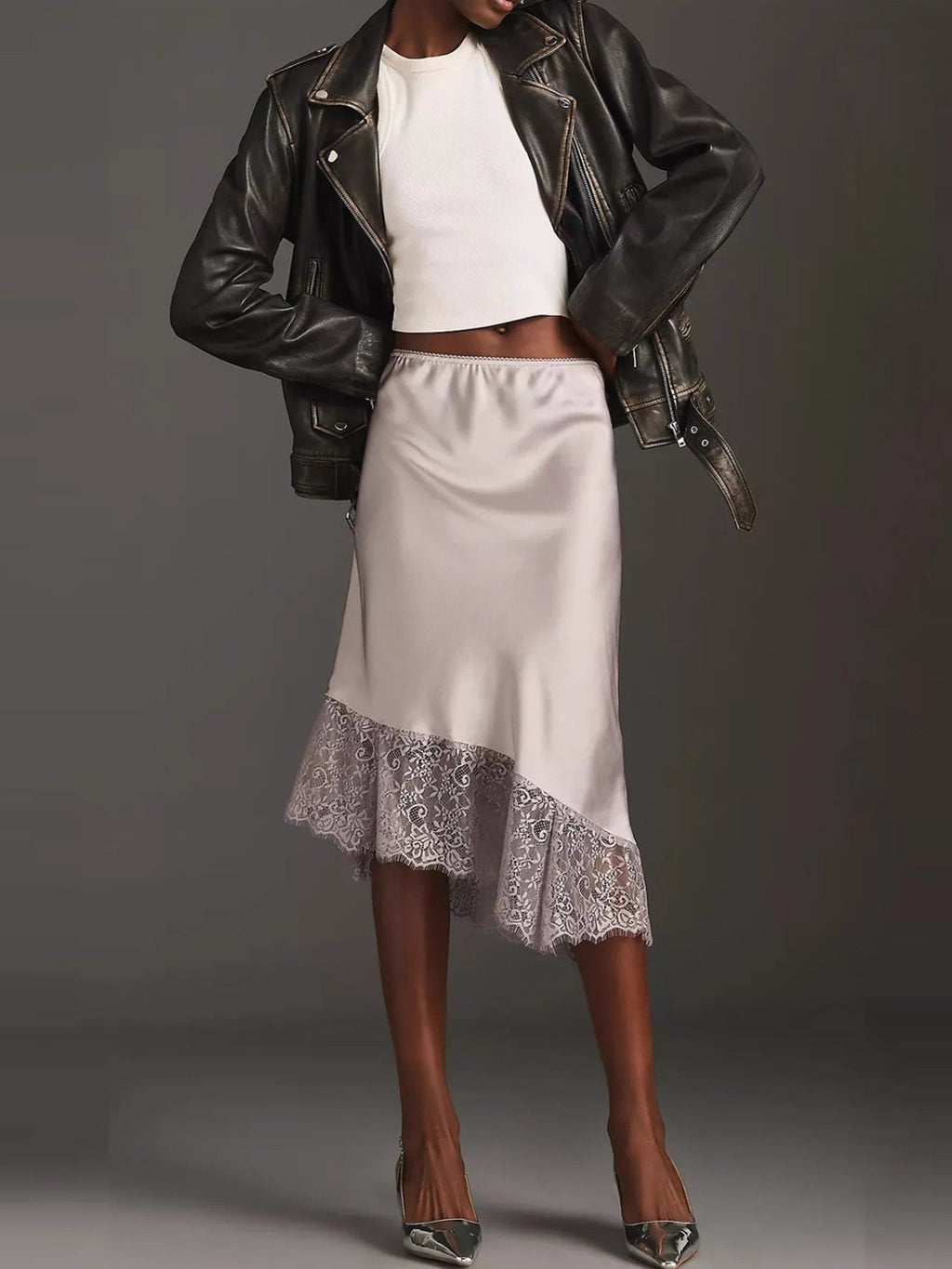 Satin Lace Hem Asymmetric Midi Skirt - White - 2