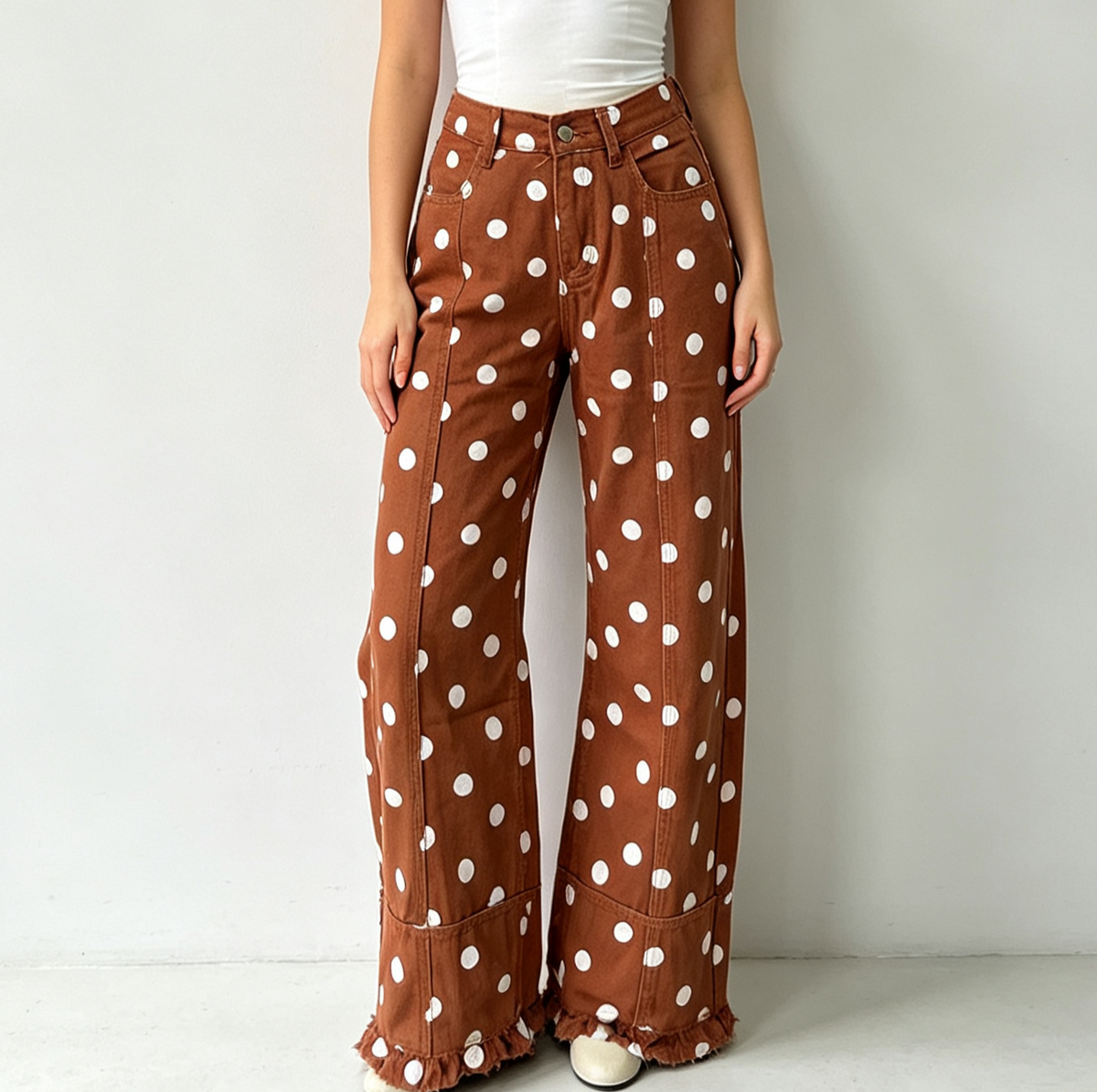 Speckled Dot Wide Leg Ruffle Hem Jeans