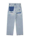 Contrast Patch Ripped Wide Leg Baggy Jeans - Blue