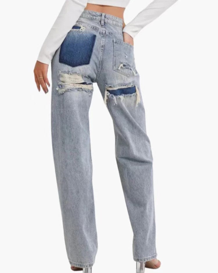 Contrast Patch Ripped Wide Leg Baggy Jeans - Blue - 2