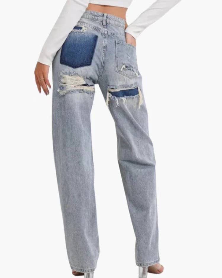Contrast Patch Ripped Wide Leg Baggy Jeans