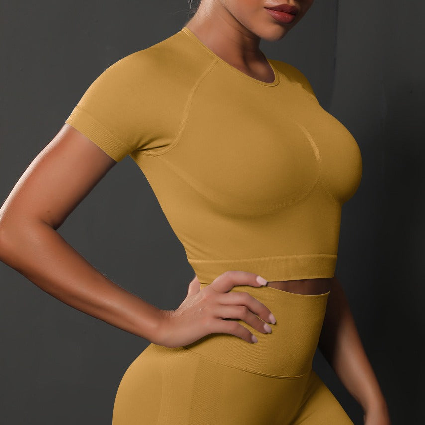 Seamless Contour Knit Short Sleeve Cropped Gym Tee - Mustard