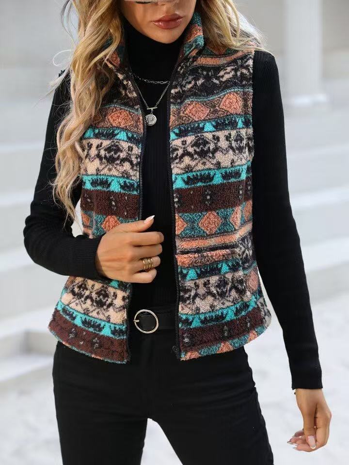 Aztec Geo Print Sleeveless Fleece Vest - Brown