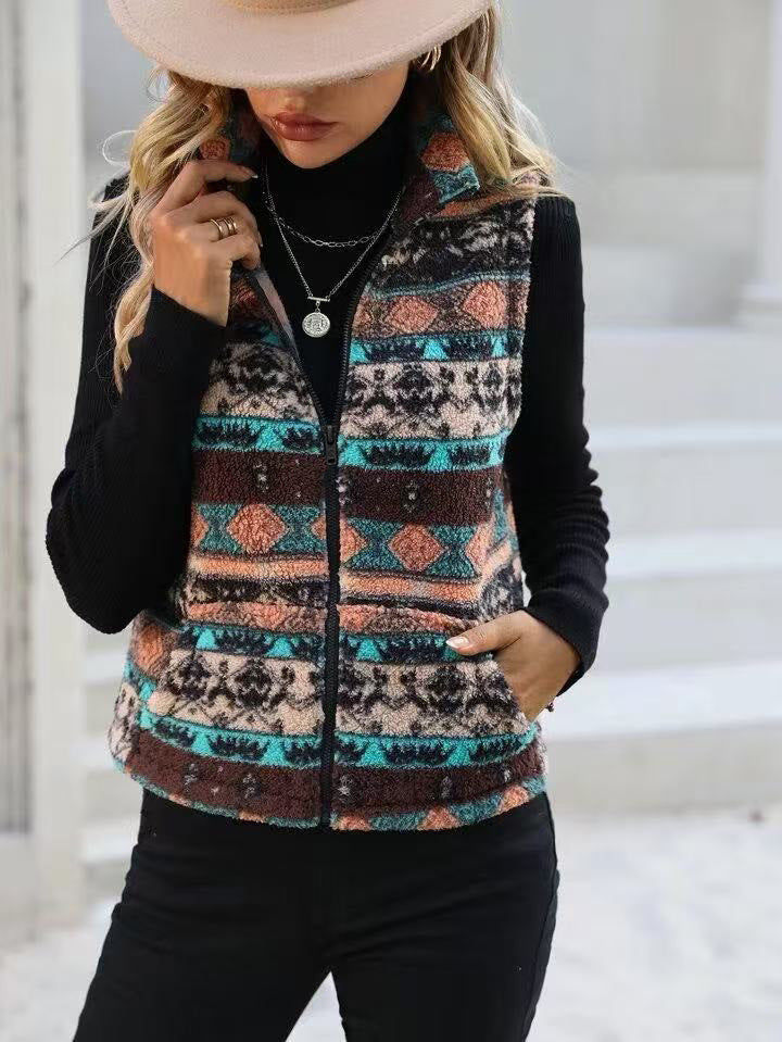 Aztec Geo Print Sleeveless Fleece Vest - Brown - 1