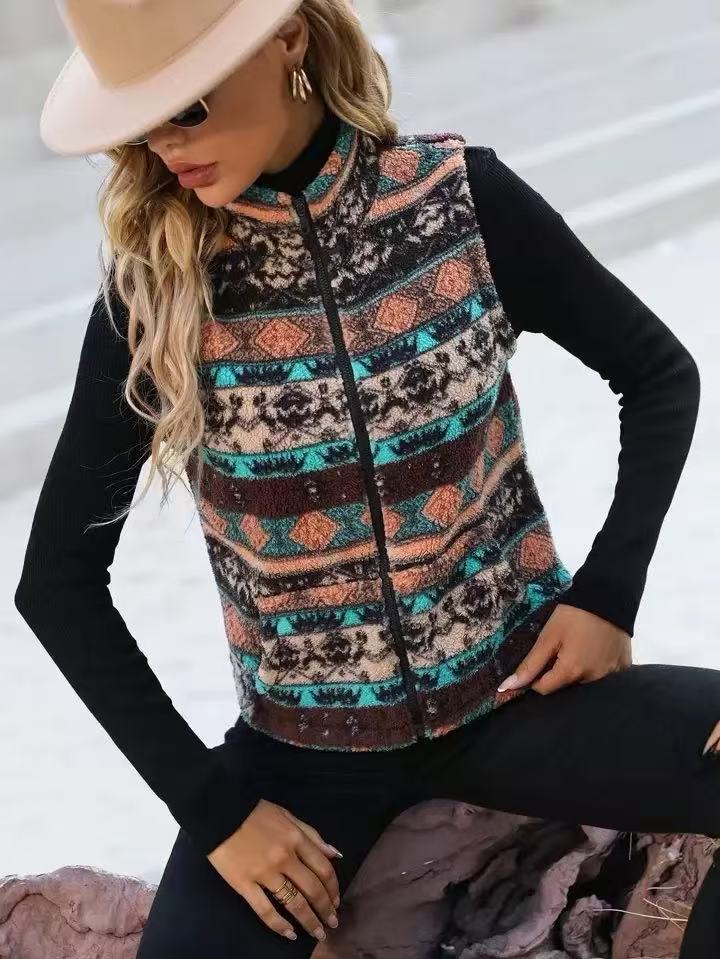 Aztec Geo Print Sleeveless Fleece Vest - Brown - 3