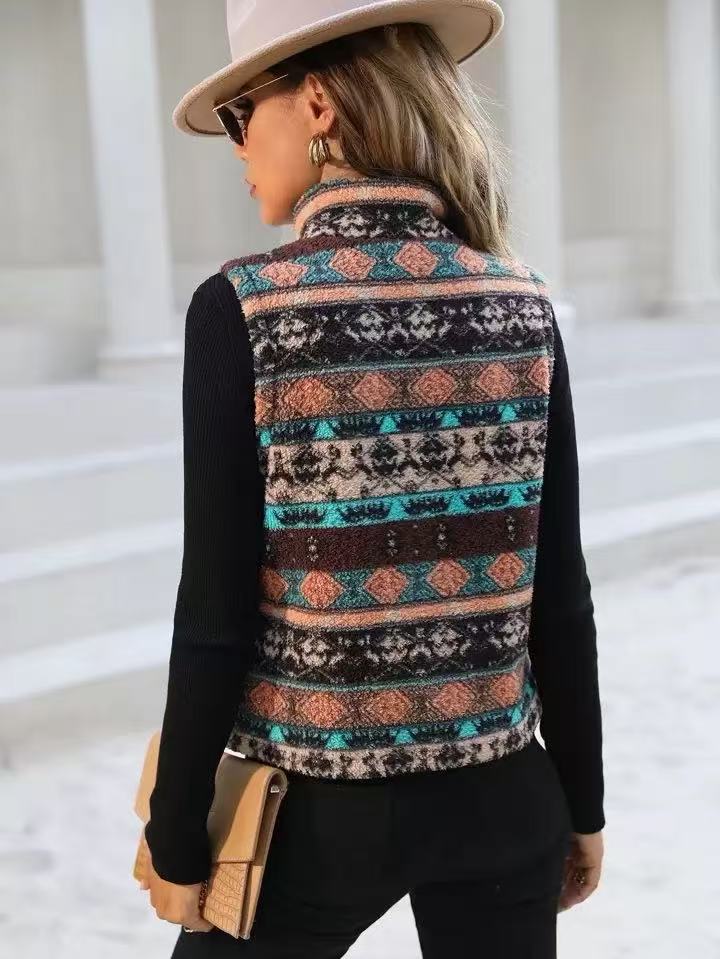 Aztec Geo Print Sleeveless Fleece Vest - Brown - 4