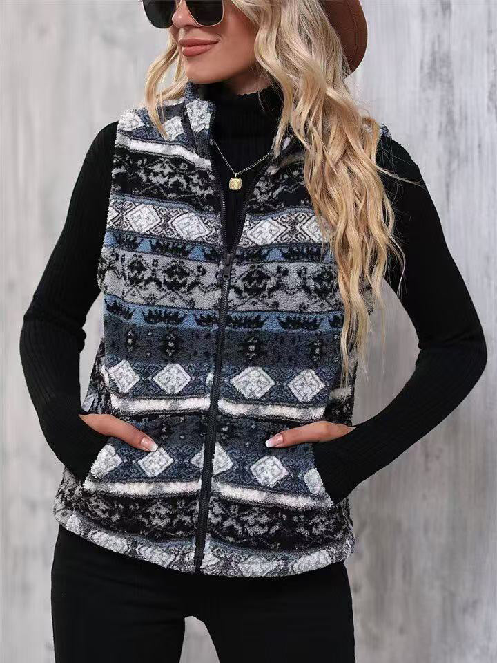 Aztec Geo Print Sleeveless Fleece Vest - Navy