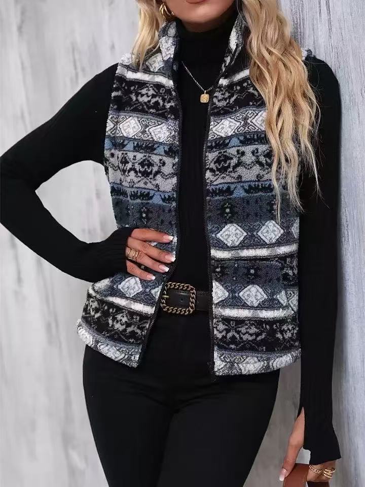 Aztec Geo Print Sleeveless Fleece Vest - Navy - 1