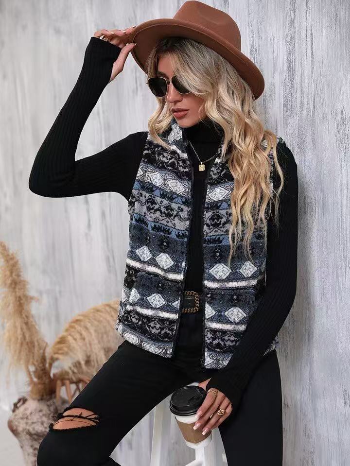 Aztec Geo Print Sleeveless Fleece Vest - Navy - 2