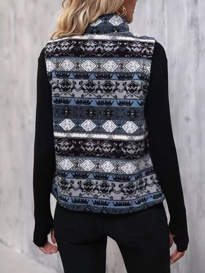 Aztec Geo Print Sleeveless Fleece Vest - Navy - 3