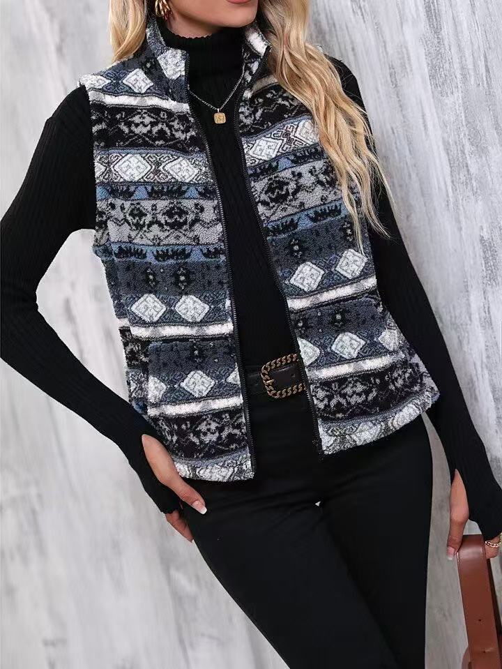 Aztec Geo Print Sleeveless Fleece Vest - Navy - 4