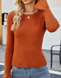 Ribbed Flare Cuff Crewneck Knit Top - Rust Red